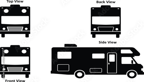 Set of motorhome silhouettes showing side view front view back view and top view isolated on white background for cad drawing flat vector illustration