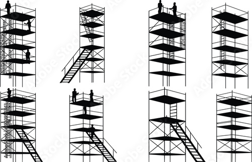 Multi level scaffolding tower silhouettes with staircases and working platforms, industrial construction structures vector illustration isolated on white background