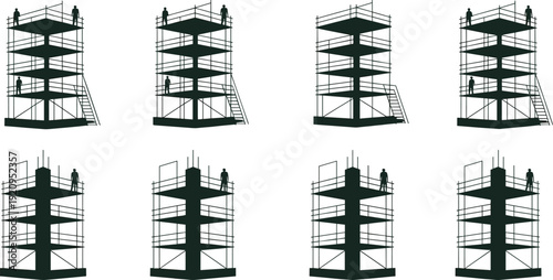 Multi level scaffolding tower silhouettes with construction workers, industrial building platforms and stair access, professional engineering vector illustration isolated on white background