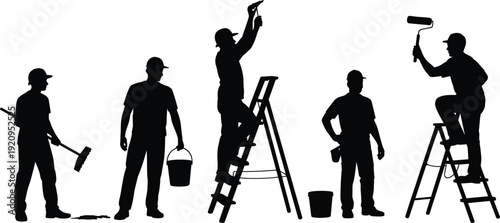 Professional house painter silhouette set with ladder paint roller bucket and brush, home renovation and maintenance vector illustration isolated on white background