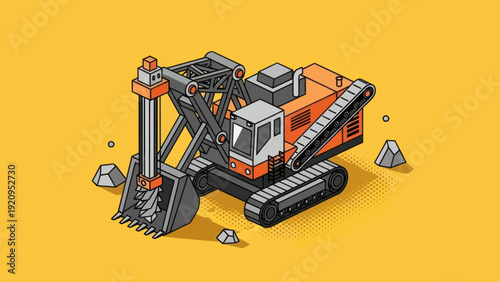 Heavy-duty mining excavator machine with large drill attachment.