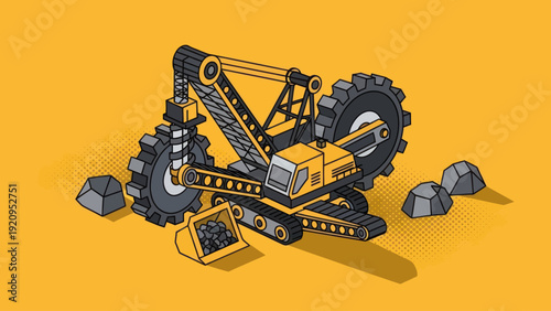 Heavy-duty mining excavator with large wheels and scoop.