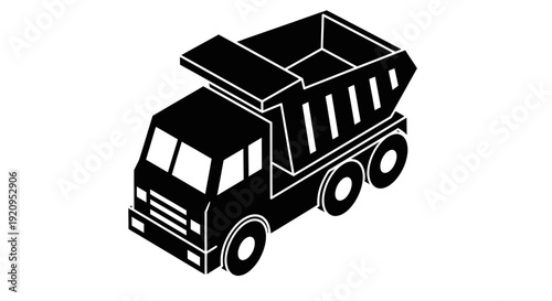 Isometric Black and White Dump Truck Icon for Construction and Hauling.