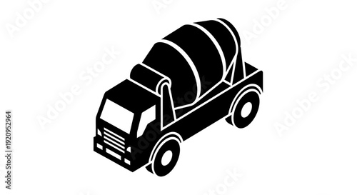 Isometric Black Silhouette of a Concrete Mixer Truck.