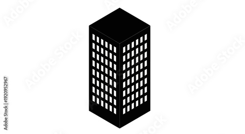Isometric Black Skyscraper Building Icon on White Background.