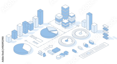 Isometric business analytics and data visualization elements.