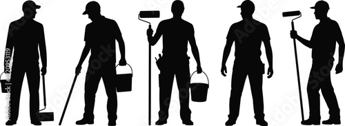 Professional painter and maintenance worker silhouette set with roller, bucket and tools, home renovation service vector illustration isolated on white