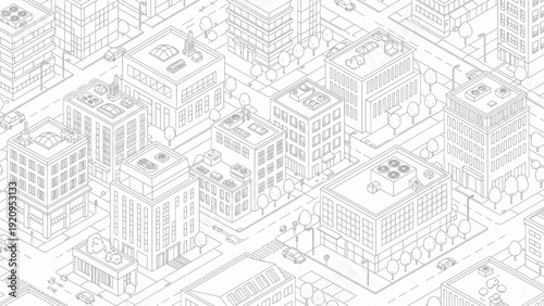 Isometric city buildings and streets in a detailed line art style.