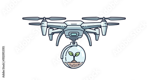 Modern Drone Carrying Small Green Plant Sprout in Glass Sphere Illustration