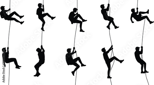 Rope climbing and rappelling silhouette set, industrial rope access worker and adventure climber vector illustration collection isolated on white background