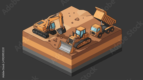 Isometric Construction Site with Heavy Machinery and Earthworks.