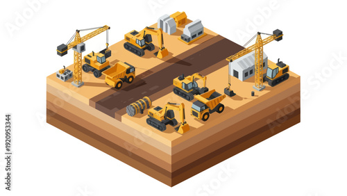 Isometric construction site with heavy machinery and earthworks.