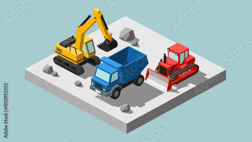 Isometric Construction Site with Heavy Machinery and Equipment.