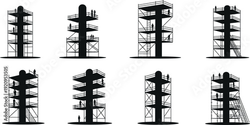 Scaffolding tower silhouettes with construction workers, industrial building structure platforms and staircases, professional labor teamwork vector illustration isolated on white background