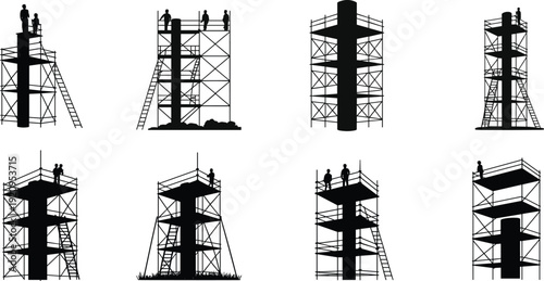 Scaffolding tower silhouettes with workers, industrial construction platforms, access ladders and safety structures, building site engineering, maintenance renovation concept, black vector illustrati