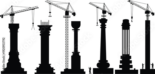 Tower crane silhouettes assembling classical columns, monumental architecture construction and heavy lifting equipment vector illustration isolated on white background