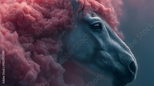 ic and surreal depiction of a horse s head blending with swirling pink smoke creating a mystical and dreamlike atmosphere with dramatic lighting
