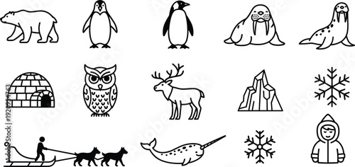Arctic animals and symbols silhouette icons, polar bear, penguin, walrus, igloo, reindeer, mountain, snowflake, dog sled, narwhal illustration