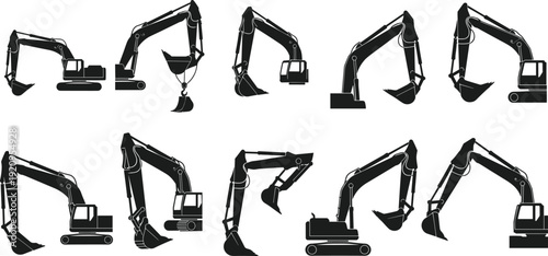 Black silhouette excavator illustrations, construction machinery, heavy equipment vector art, digging positions, lifting arm, earthmoving machine, industrial design, stock image