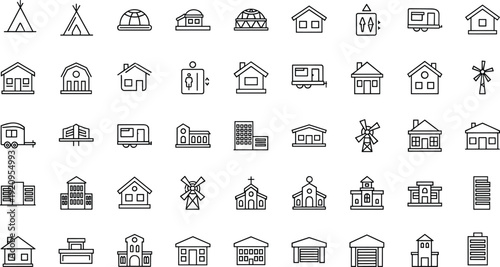 Building icons collection, teepee, igloo, barn, house, trailer, windmill, church, school, apartment, garage, architectural silhouettes, vector illustration