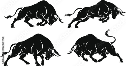 Charging bull silhouettes set, black aggressive ox vector illustration isolated for stock market finance logo and mascot design