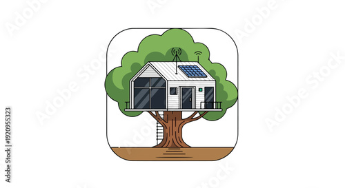 Modern Eco-Friendly Treehouse Illustration with Solar Panels and Satellite Dish in Flat Design Style