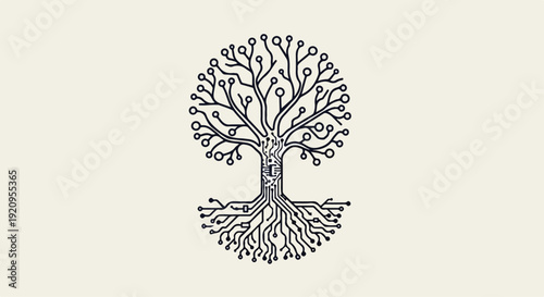 Digital Circuit Tree Illustration with Roots and Branches as Electronic Circuit Board Pattern