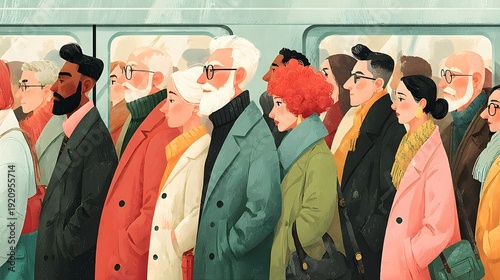 ic illust n of a diverse group of commuters wearing various coats and scarves packed tightly inside a train or subway car during their daily journey