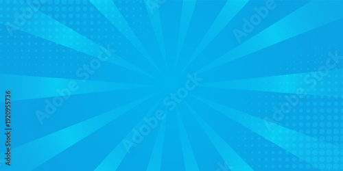 Comic background. Pop art texture. Starburst cartoon style. Anime design with explosion effect for print. Fun dot pattern. Blue backdrop with halftone gradient. EPS 10