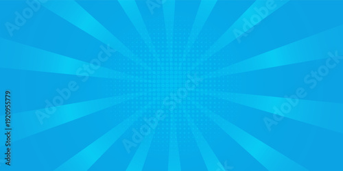 Comic background. Pop art texture. Starburst cartoon style. Anime design with explosion effect for print. Fun dot pattern. Blue backdrop with halftone gradient. eps10 vector