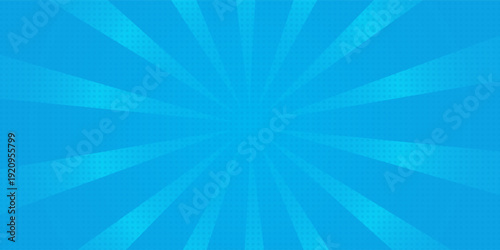 Comic background. Pop art texture. Starburst cartoon style. Anime design with explosion effect for print. Fun dot pattern. Blue backdrop with halftone gradient.