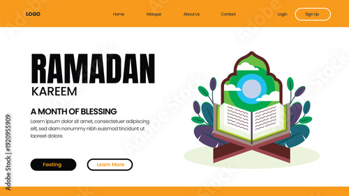 Ramadan Kareem Webpage Design – Islamic Quran Illustration and Spiritual Blessing Theme