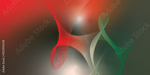 Dark textured grainy background with vibrant red, green and white luminous abstract gradient waves flowing softly with blurred glow for modern header, poster and wide banner layout