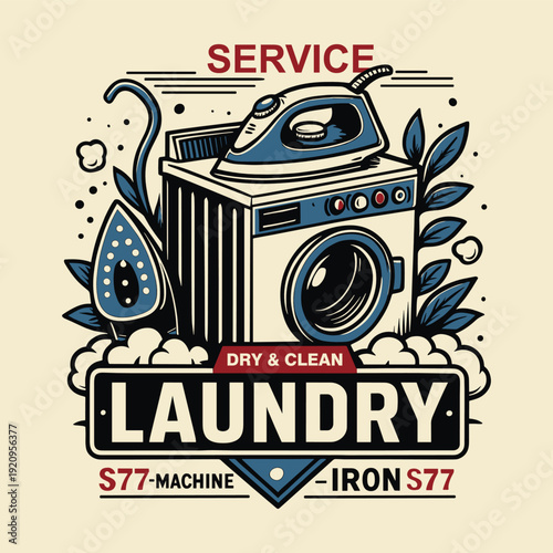 Retro Laundry Service Emblem with Iron Appliances