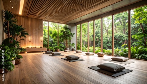 Serene yoga studio with natural light and lush green views, promoting wellness and tranquility.
