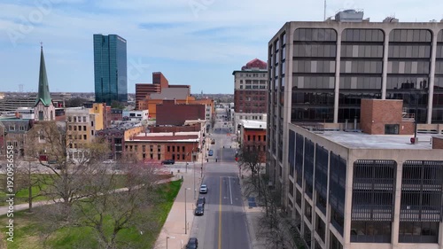 Toledo downtown modern buildings aerial view on Adams Street including Lucas County Prosecutor Civil building at 711 Adams Street in downtown Toledo, Ohio OH, USA. 