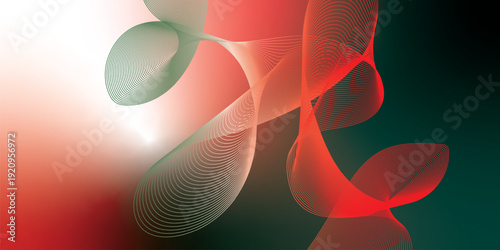 Dark textured grainy background with vibrant red, green and white luminous abstract gradient waves flowing softly with blurred glow for modern header, poster and wide banner layout