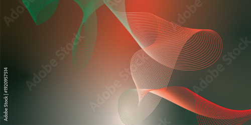Dark textured grainy background with vibrant red, green and white luminous abstract gradient waves flowing softly with blurred glow for modern header, poster and wide banner layout