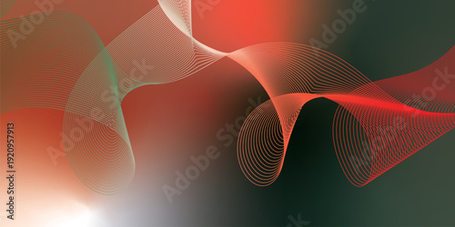 Dark textured grainy background with vibrant red, green and white luminous abstract gradient waves flowing softly with blurred glow for modern header, poster and wide banner layout