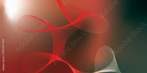 Dark textured grainy background with vibrant red, green and white luminous abstract gradient waves flowing softly with blurred glow for modern header, poster and wide banner layout