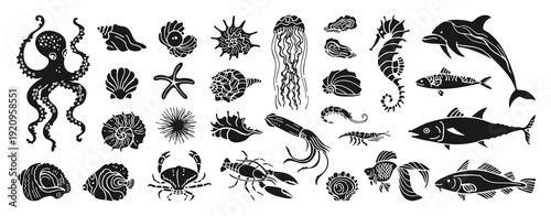 Underwater marine life grunge hand drawn stamp vector illustration set. Octopus, seahorse nautilus shell fish crab, lobster starfish seashells. Modern art press stencil, coastal ocean retro mood