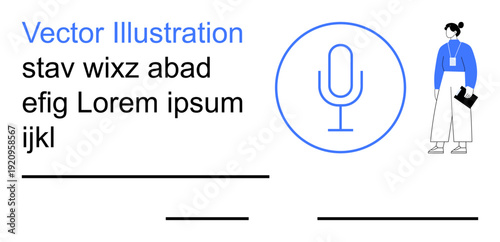Virtual communication, audio equipment, podcasts, digital media, online interviews, voice recording. Central microphone icon and a professional figure on the side. Virtual communication and audio