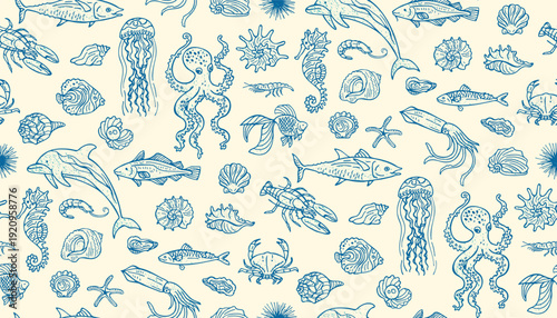 Underwater Marine Life Grunge Hand Drawn Seamless Pattern, Doodle Ocean Mediterranean. Octopus, seahorse shell fish crab, lobster starfish seashells coastal ocean retro mood Background design
