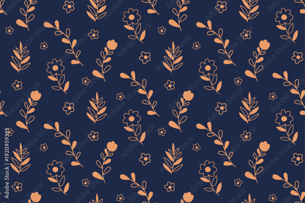 Fototapeta premium Seamless Minimal Line Floral Pattern on Dark Blue Background
