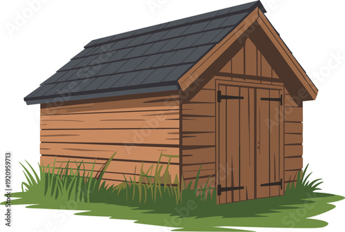 Old wooden house with green grass vector on white background.