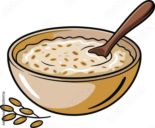 Bowl of porridge with spoon tasty food vector on white background.