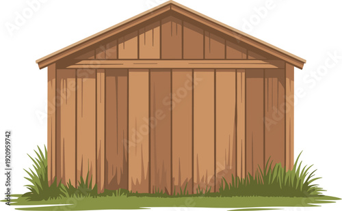 Wooden back side shed with grass vector on white background.