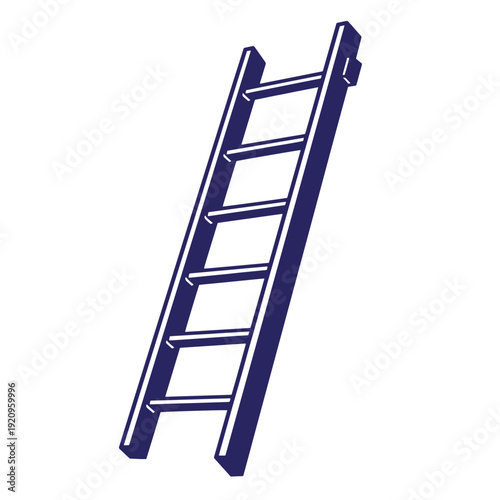 Dark blue ladder leaning on wall with six steps for climbing high places safely