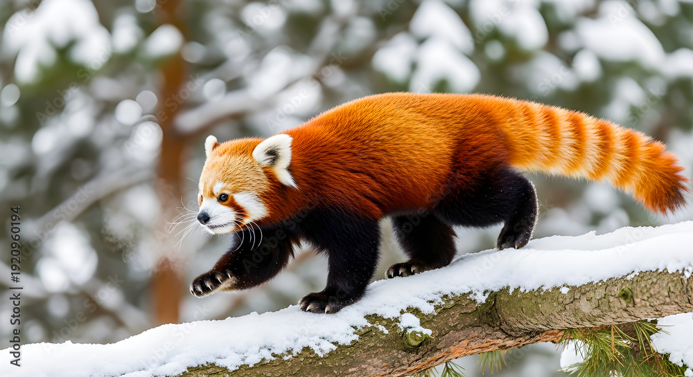 Fototapeta premium Red Panda Walking on Snow Covered Tree Branch in Winter Forest