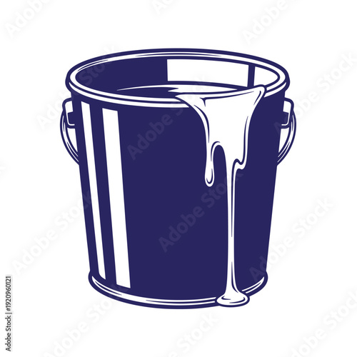 Dark blue metal bucket with white paint dripping from it on white background